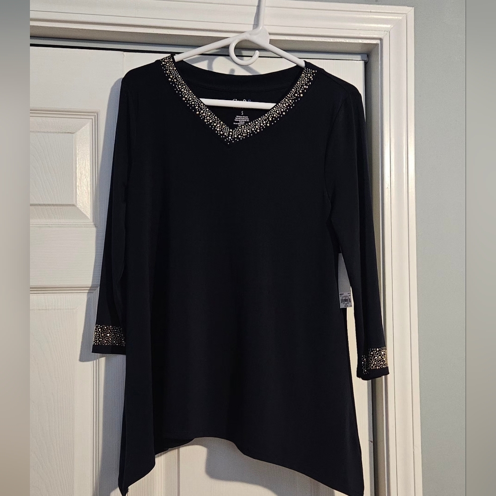 NWT Croft & Barrow Navy V-Neck Tunic With Silver Sparkle